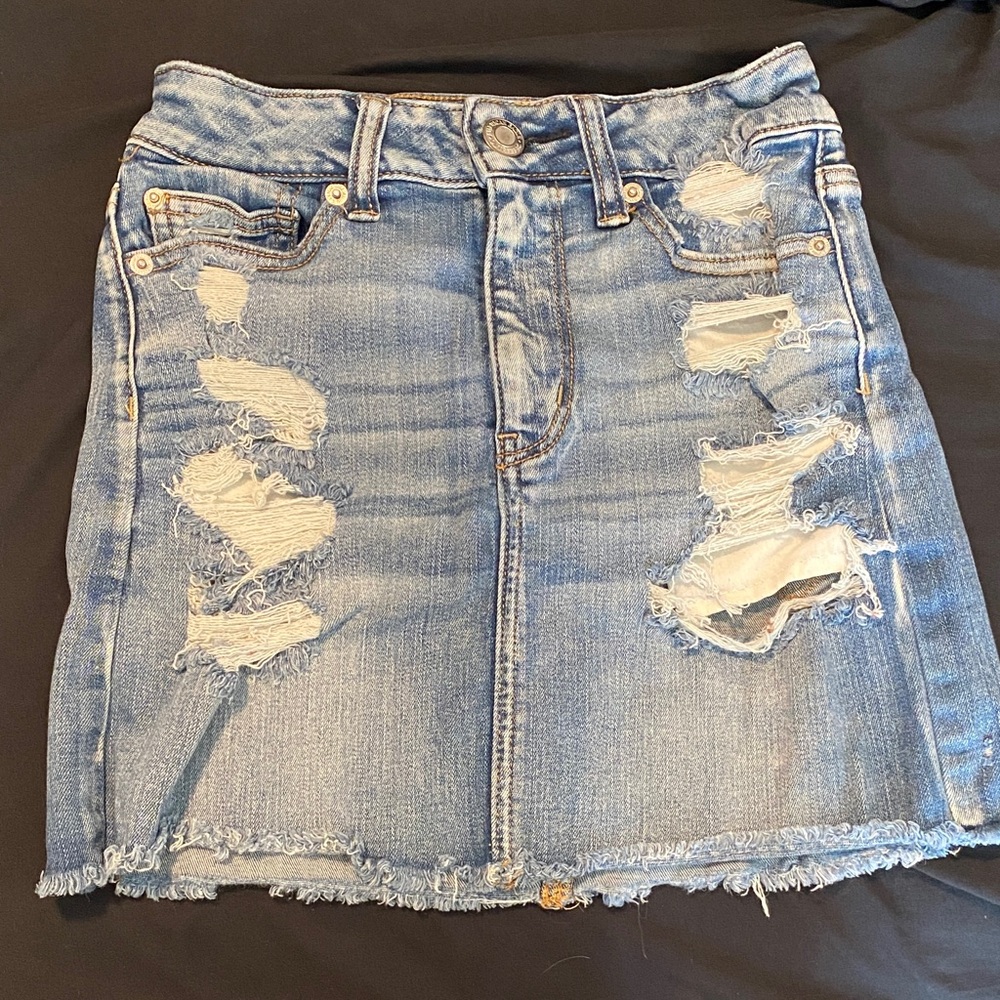 American Eagle Outfitters Light Blue Distressed Denim Mini Skirt